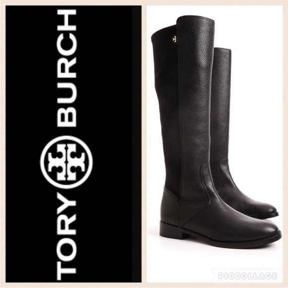 Tory Burch Selden Tall Riding Boots 8.5 Equestrian Black Leather Stretch Scuba - Picture 16 of 16